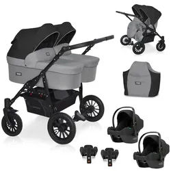 babies-on-wheels Zwillings-Kombikinderwagen Riko 5 in 1 inkl. Sportsitze, Autositze und Iso Bases in 5 Farben grau|schwarz