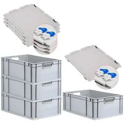 PROREGAL 4x Eurobox NextGen Grip mit Scharnierdeckel & blauen Verschlüssen | HxBxT 22x40x60cm | 44 Liter | Griffe offen | Verstärkter Boden