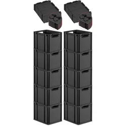 PROREGAL SuperSparSet 10x Eurobox NextGen Color mit Scharnierdeckel & Verschlüssen, HxBxT 32x30x40cm, 30L, Schwarz, Griffe schwarz offen, Eurobehälter