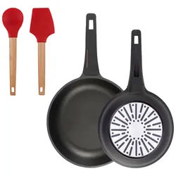 BERGNER - Set mit 2 Bratpfannen Ø24/28cm aus Aluminiumguss mit Bakelitgriff mit 2-teiliges Küchenutensilien-Set EXCALIBUR