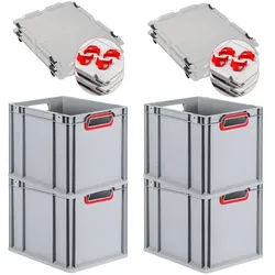 PROREGAL 4x Eurobox NextGen Color mit Auflagedeckel & Schiebeschnappverschlüsse | HxBxT 32x30x40cm | 30L | Griffe rot offen