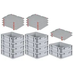 PROREGAL SparSet 10x Eurobox NextGen Grip mit Auflagedeckel & 4 roten Verschlüssen, HxBxT 12x30x40cm, 11L, Grau, Griffe zu, Eurobehälter
