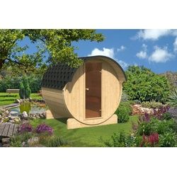 Finn Art Blockhaus Fasssauna Ove 3, 42 mm, Schindeln grün, Outdoor Gartensauna, montiert, mit Ofen grün