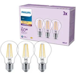 Philips LED-Leuchtmittel Classic 60W Non-Dim, E27, 3 St., Warmweiß weiß
