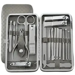 TPFBeauty Maniküre-Pediküre-Set mit Etui, 19-tlg., Nagelschere, Nagelknipser, Pinzette uvm. Nagel Set, Edelstahl Maniküre Set Pediküre Set in Aufbewahrungs-Etui - Grau grau
