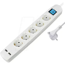 TME NV58-1,5WL - Steckdosenleiste, 5-fach, 2x USB, weiss, 1,5 m