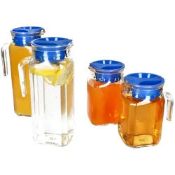 4x KARO & KORA Kühlschrankkrug mit Deckel blau 1L & 0,5L Glas-Karaffe Kanne Saft