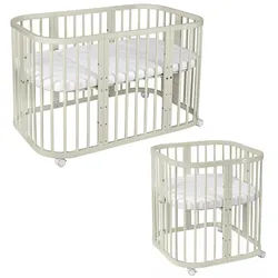 waldin Babybett Olive, 7in1 mit Matratze , Olivgrün , Holz , Echtholz,Buche , Oval , 73x123 cm , FSC 100% , Babymöbel & Kindermöbel, Babyzimmer, Babybetten, Gitterbetten