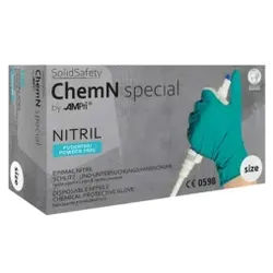 SolidSafety ChemN special Nitrilhandschuhe, puderfrei, grün, Unsterile Einmalhandschuhe mit optimaler Griffigkeit, 1 Karton = 10 Packungen à 100 Stück, Größe S