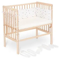 FabiMax Beistellbett Babybett Boxspring klar lackiert, 90 x 55 cm Liegefläche, aus Buchenholz, Stufenlos höhenverstellbar 40-73 cm, Holz-Lattenrost grau