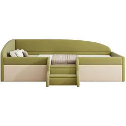 Okwish Kinderbett 90/190 cm Dunkelgrün Cremeweiß Multifunktionsbett mit Stufen und Zäunen , Grün , Textil , 90x200 cm , Babymöbel & Kindermöbel, Kinderzimmer & Jugendzimmer, Kinderbetten