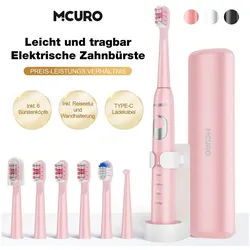 MCURO Schallzahnbürste Schallzahnbürste für Zahnpflege 40000 VPM, 5 Putzmodi, Aufsteckbürsten: 6 St., Reise Zahnbürsten,Timer,TYPE-C aufladbar rosa