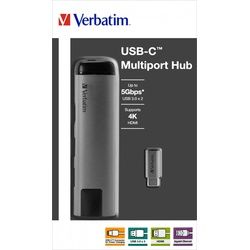 Verbatim Hub, USB 3.1-C, Multiport 2x USB 3.0, HDMI 4K, RJ45 Gigabit, Power Charge, USB-C Kabel, 15cm, Retail