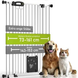 BOMI Türschutzgitter Tierschutzgitter Merle für Hunde 73–161 cm mit Tür, Katzenklappe (ohne Bohren, Verschraubbar, individuell), Tierschutzgitter ohne Bohren – Absperrgitter Tier extra enge Streben weiß 143 cm x 107 cm