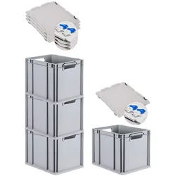 PROREGAL 4x Eurobox NextGen Grip mit Scharnierdeckel & blauen Verschlüssen | HxBxT 32x30x40cm | 30 Liter | Griffe offen | Glatter Boden