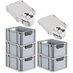 PROREGAL SuperSparSet 5x Eurobox NextGen Color mit Scharnierdeckel & Verschlüssen, HxBxT 22x30x40cm, 20L, Grau, Griffe schwarz offen, Eurobehälter