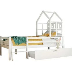 Okwish Hochbett 90/200 cm weiß mit Leiter und Schubladen aus Massivholz , Weiß , Holz , 90x200 cm , Babymöbel & Kindermöbel, Kinderzimmer & Jugendzimmer, Kinderbetten, Hochbetten