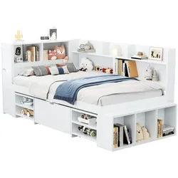 Okwish Kinderbett 90/190 cm Weiß mit Stauraum und Lattenrost aus Sperrholz Ohne Matratze , Holzwerkstoff , 90x190 cm , Babymöbel & Kindermöbel, Kinderzimmer & Jugendzimmer, Kinderbetten