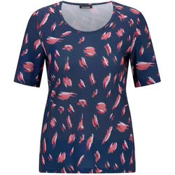 Kurzarmshirt GOLDNER "Sommershirt mit Tupfenmuster", Damen, Gr. 48, blau (dunkelblau, koralle, gemustert), Obermaterial: 95% Polyester PES. 5% Elasthan EL., Modisch, Gerade, Shirts, stretchbequemer Jersey
