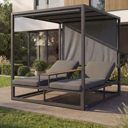 Alu Lounge-Gartenliege MCW-P81, Sonnenliege Daybed, 10cm-Polster 220g/m2 196x165x196cm ~ dunkelgrau, Polster grau