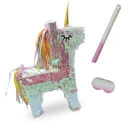 Relaxdays Pinata Set Einhorn mit Stab und Maske Blau,Gelb,Pink