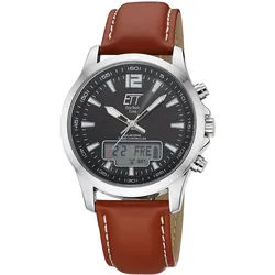 Funkchronograph ETT "Professional World Timer", braun (braun, schwarz), Armbanduhren, Herren, Armbanduhr, Solar, Herrenuhr, Lederarmband, analog, digital, Tag