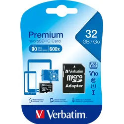 Verbatim microSDHC Card 32GB, Premium, Class 10, U1 (R) 90MB/s, (W) 10MB/s, SD Adapter, Retail-Blister