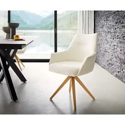 Drehstuhl Alja-Flex mit Armlehnen Bouclé Weiß Holzgestell kantig Natur 180° drehbar Taschenfederkern