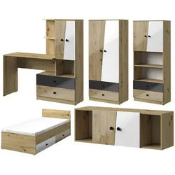 Feldmann-Wohnen Jugendzimmer-Set Nero 5-teilig Artisan Eiche / Schwarz Hochglanz 324 / 204 / 190cm , Holzwerkstoff , 324x204x190 cm , Babymöbel & Kindermöbel, Kinderzimmer & Jugendzimmer, komplette Jugendzimmer