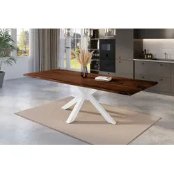 SAM® Baumkantentisch Nicki, massives Akazienholz, Baumkante, Metallgestell Spider-Form, bis 3m braun 240 cm x 77 cm x 100 cm