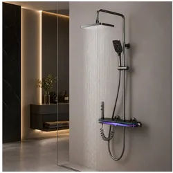 LuxaSteel Duscharmatur Duschsystem Regendusche LED Thermostat 4in1 (Komplettset inklusive Regendusche, Handbrause und Thermostatarmatur, Komplettset inklusive Regendusche, Handbrause und Thermostatarmatur) LED, Display, Wasserfall, Thermostat & praktische Ablagefläche grau