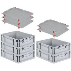 PROREGAL SparSet 5x Eurobox NextGen Grip mit Auflagedeckel & 4 roten Verschlüssen, HxBxT 12x30x40cm, 11L, Grau, Griffe zu, Eurobehälter