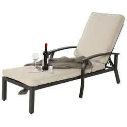 LVHOM Gartenliege Sonnenliege mit 5-Fach höhenverstellbarer Rückenlehne, bis 120kg, 1xLiege, Baumwollkissen, ergonomische Armlehnen, rostfreies Aluminiumgestell, witterungsbeständig, rutschfestes Design kann mit einem kleinen Beistelltisch kombiniert werden, geeignet zum Entspannen, Lesen oder Sonnenbaden, für Garten, Poolbereich, Terrasse weiß