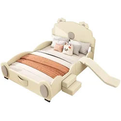 Okwish Kinderbett Cartoon Bärenbett 140/200 cm beige mit Rutsche und Leiter , Beige , Kunststoff , 140x200 cm , Babymöbel & Kindermöbel, Kinderzimmer & Jugendzimmer, Kinderbetten