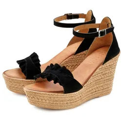 LASCANA Sommerschuh, offener Schuh, Sandale, Keilsandalette, Sandalette aus Leder mit Keilabsatz schwarz 37