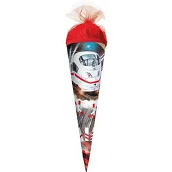 Roth Schultüte Schnellzug, 35 cm, rund, mit rotem Tüllverschluss, Zuckertüte für Schulanfang rot