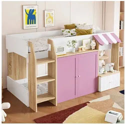 KLAM HOME Kinderbett Kinder Hochbett Hausbett 90x200 Mit Stauraum (Halbhohes Kinderetagenbett Mit Leiter & Spielbereich), Massivholz Kinderbett Weiß Natur/Rosa Für Kleines Zimmer rosa