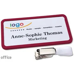 10 Namensschild mit Clip office 75 x 37 mm | bordeauxviolett | Hängerclip, Kunststoff