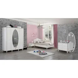 JVmoebel Jugendzimmer-Set Möbel Set in Weiß mit Bett, Kleiderschrank, Nachttisch und Kommode, (4-tlg), Made in Europa weiß