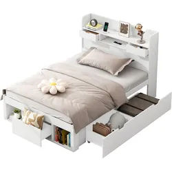 Okwish Kinderbett 90/200 cm Weiß mit Stauraum und Ladestation aus Kiefer , Holzwerkstoff , 90x200 cm , Babymöbel & Kindermöbel, Kinderzimmer & Jugendzimmer, Kinderbetten