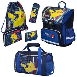 Familando Schulranzen Pokemon für Kinder von der 1. bis 4. Klasse, Ergonomisch & Leicht (Set, 6-tlg), mit großer Sporttasche blau