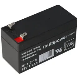 Multipower MP1.2-12 Blei Akku mit 4,8mm Faston Steckkontakten mit VDS Zulassung Abmessungen 97,00x43,00x53,00mm