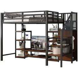 Okwish Hochbett 90/200 cm schwarz mit TV-Ständer, Steckdose und Sicherheitsleiter , Schwarz , Metall , 90x200 cm , Babymöbel & Kindermöbel, Kinderzimmer & Jugendzimmer, Kinderbetten, Hochbetten