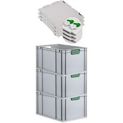 PROREGAL 3x Eurobox NextGen Color mit Scharnierdeckel & Verschlüssen | HxBxT 22x40x60cm | 65 Liter | Griffe grün offen | Verstärkter Boden