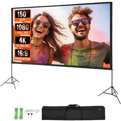 VEVOR Projektion Beamer Leinwand mit Ständer 381 cm HD 4K Outdoor Indoor Projektor Screen Schnelles Klappbare Tragbare Filmleinwand 16: 9 für Heimkino, Camping und Freizeitveranstaltungen Schwarz