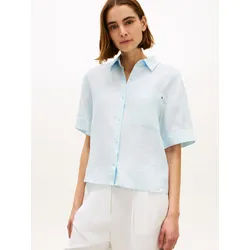 Kurzarmbluse TOMMY HILFIGER "ESS LINEN SHORT SLEEVE SHIRT", Damen, Gr. M (40), keepsake blau, Web, Obermaterial: 100% Leinen, unifarben, gerade normal, V-Ausschnitt, abgesteppte Kante, Blusen, mit aufgesetzter Brusttasche und Flag-Stickerei, reines Leinen
