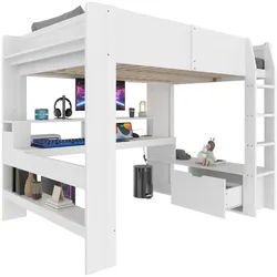 Okwish Hochbett 140/200 cm weiß Gaming Bett mit Schreibtisch und LED-Beleuchtung , Weiß , Holz , 140x200 cm , Babymöbel & Kindermöbel, Kinderzimmer & Jugendzimmer, Kinderbetten, Hochbetten