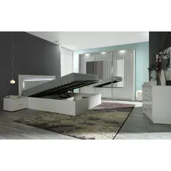 Raumhirsch Furniture Bettgestell Funktionsbett, Doppelbett 180x200, Bett mit Stauraum (Maße: 186,6 x 100 x 206,4 cm (Lattenrost mit Metallrahmen, Weiß Hochglanz), gepolstertes Kopfteil mit Steppnähten, LED Beleuchtung 187 cm x 100 cm