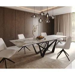 Esstisch Edge 200-300x100 Keramik Minas Melange Weiß-Beige Spider Flachstahl Schwarz ausziehbar