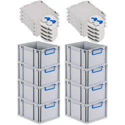 PROREGAL 8x Eurobox NextGen Color mit Scharnierdeckel & Verschlüssen | HxBxT 22x30x40cm | 20 Liter | Griffe blau geschlossen | Glatter Boden